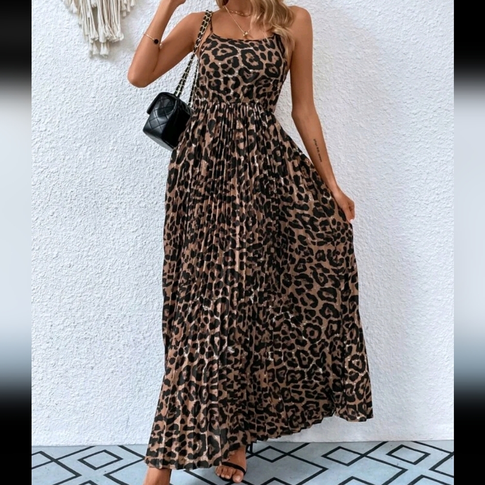 Leopard Print Cami Pleated Maxi Skirt Dress - Picture 6 of 6
